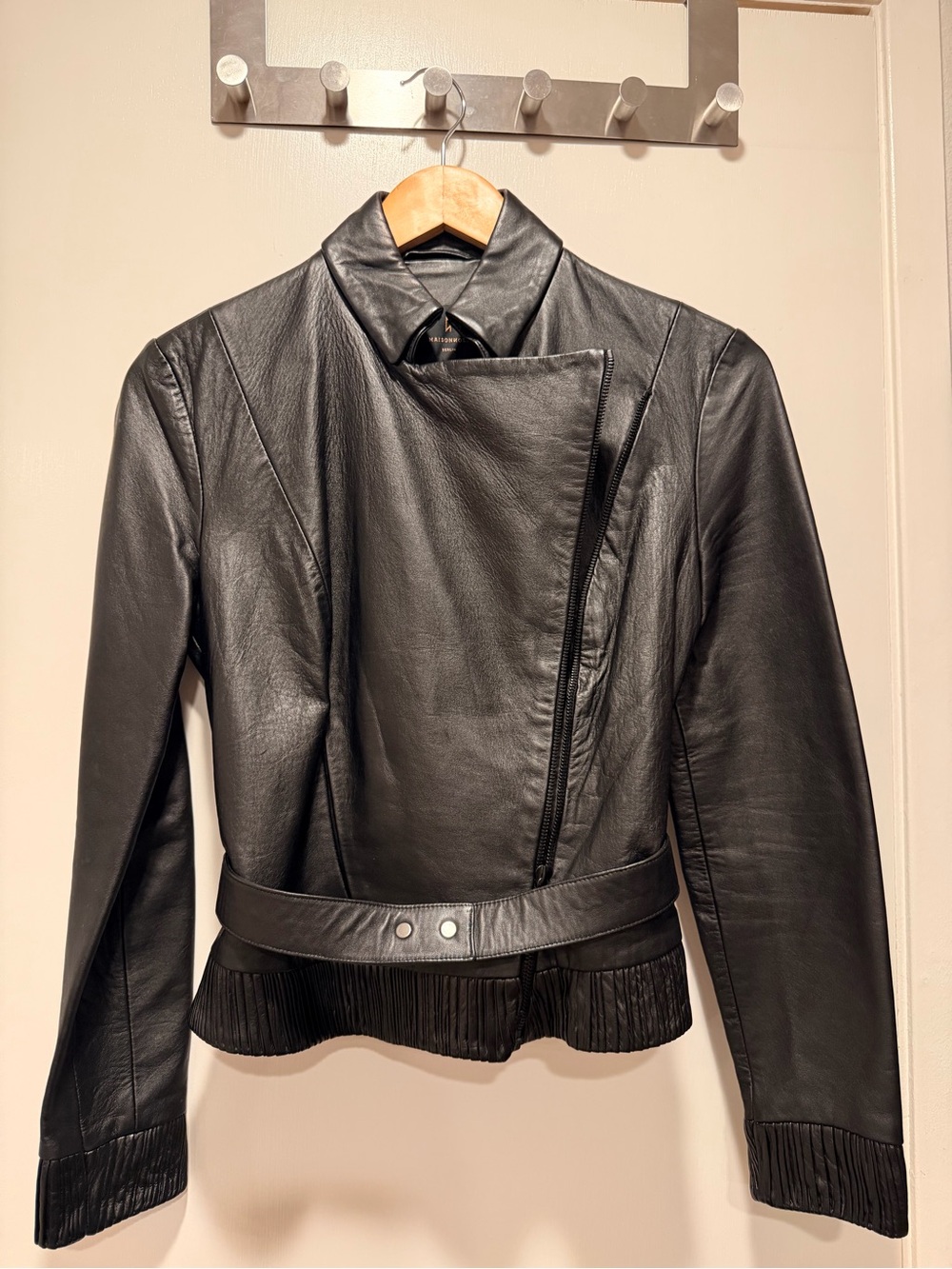 Women's Black Genius Leather Asymmetrical Fringe Hem Jacket